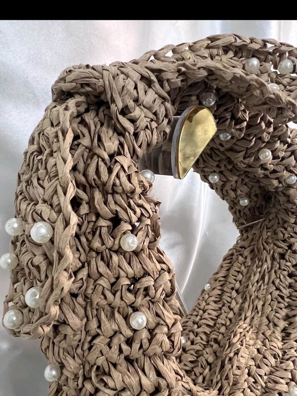 Haute Hippie Pearl-Embellished Woven Straw Tote Bag - Brown Viral Hobo Bag New - Picture 6 of 11
